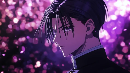 Side profile anime boy before purple bokeh light field.