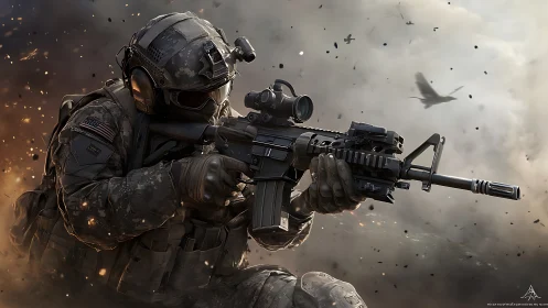 Armed soldier in combat gear aiming rifle in smoky field.