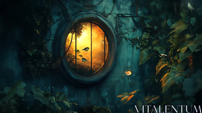 Enchanted round window glowing through overgrown foliage.