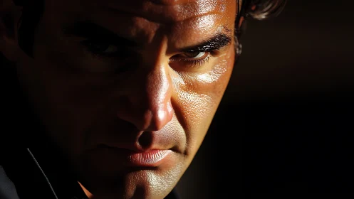 Intense male portrait in dramatic low key lighting closeup.