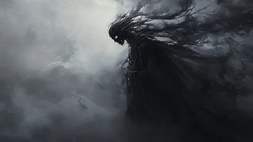 Ethereal shadow wraith in monochrome storm haze environment