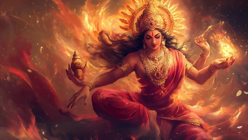 Fiery Hindu goddess in red robes with glowing golden crown