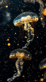 Bioluminescent jellyfish pair in particulate-rich abyssal water.