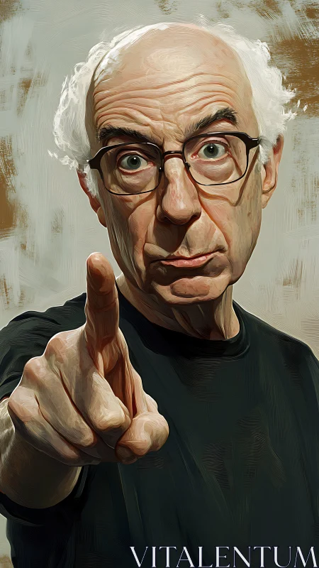 Thoughtful older man points forward with curious intensity