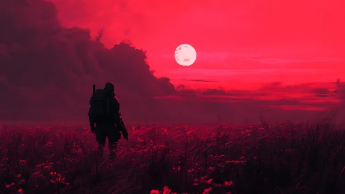 Lone soldier under crimson moon on surreal battlefield horizon.