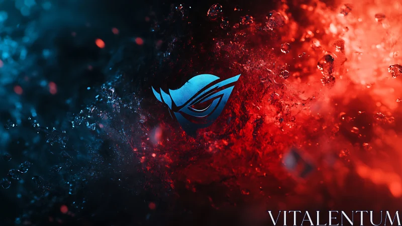 Blue stylized eye emblem amid red and blue liquid field.