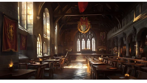 Medieval-inspired great hall interior with wooden tables.