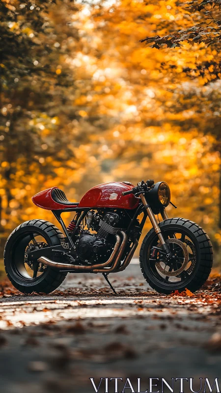 Custom red cafe racer stands bold amid glowing autumn forest