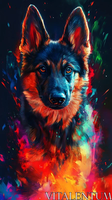German shepherd portrait in vivid abstract neon colors.