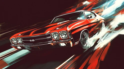 Red muscle car illustration with dynamic motion lines.