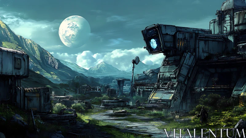 Abandoned planetary outpost with derelict industrial megastructure under rising moon