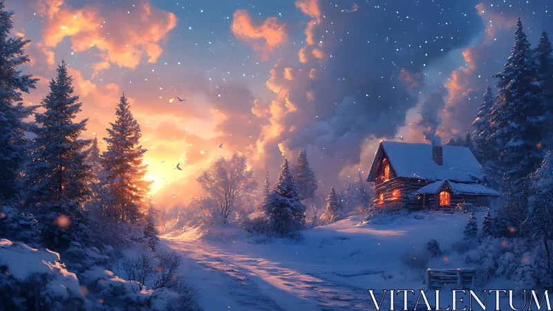 Snowy forest cabin under glowing winter sunset sky.
