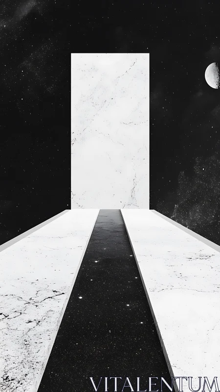 Monolithic white portal rises over cosmic marble causeway
