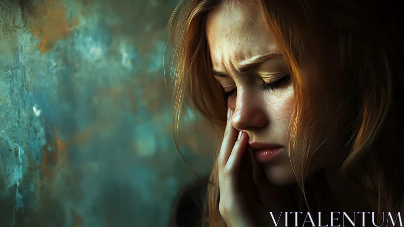 Pensive young woman in profile against textured teal wall