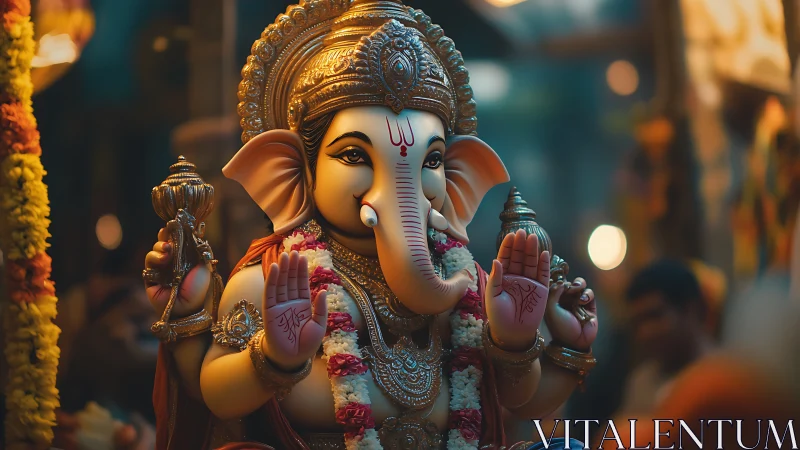 Gentle Lord Ganesha idol glows softly in warm festive light
