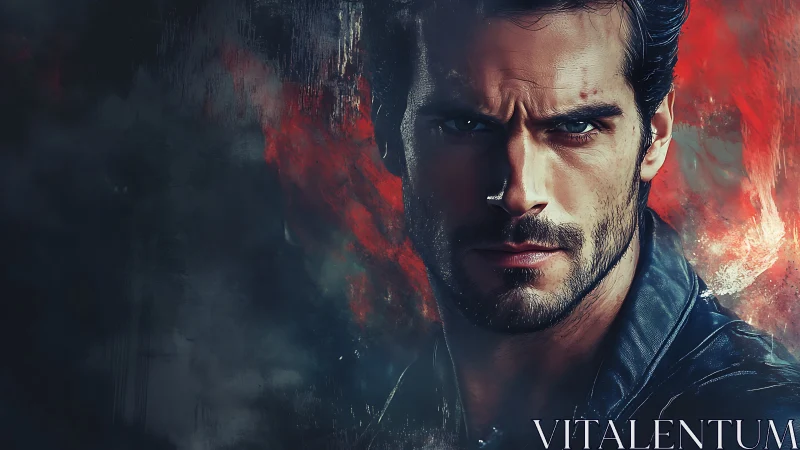 Smoldering portrait of a determined hero in fiery light