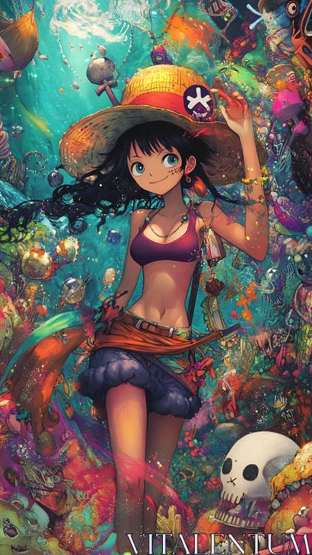 Joyful straw-hat explorer drifting through a coral dreamscape.