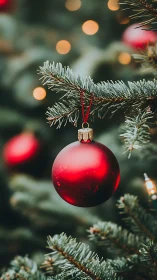 Red Christmas ornament hangs on evergreen tree branch outdoors