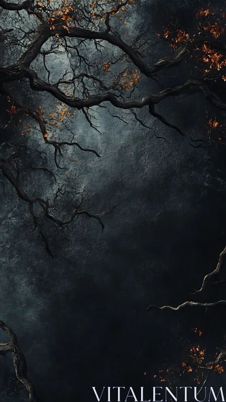 Twisting autumn branches against stormy textured void.