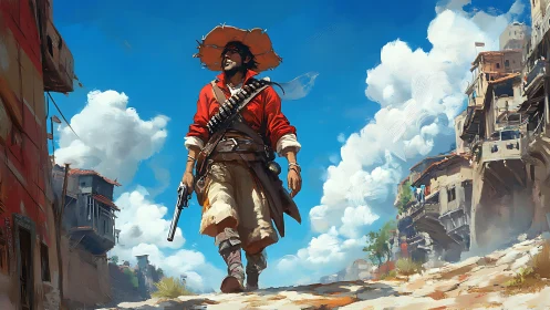 Lone desert wanderer strides through sunlit cliffside town.