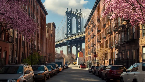 Orthogonal Brooklyn streetscape framing suspension bridge span.