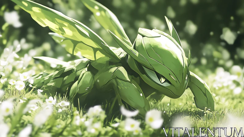 Green insectoid creature stalks through sunlit meadow