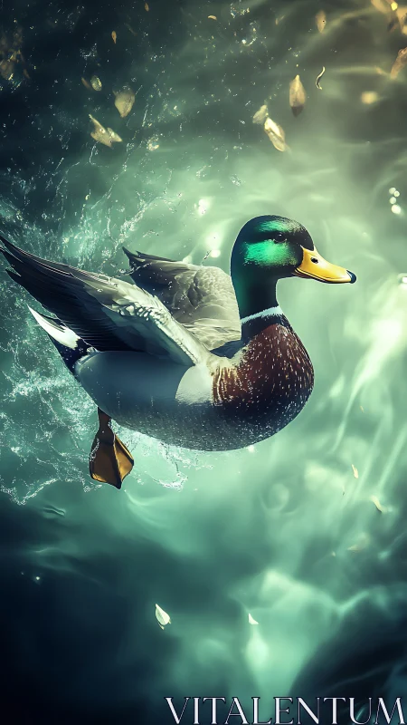 Shimmering mallard gliding through dreamy teal waters.