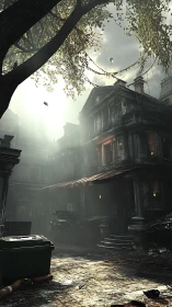 Sun-split fog haunts a crumbling manor’s forgotten courtyard