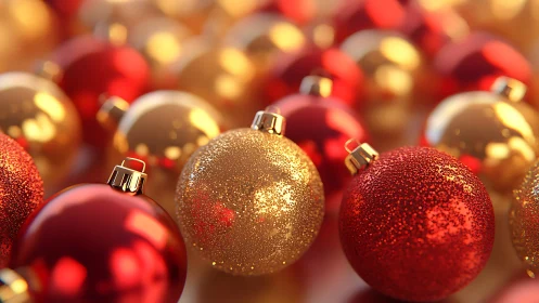 Gold and red Christmas baubles glow under warm light.