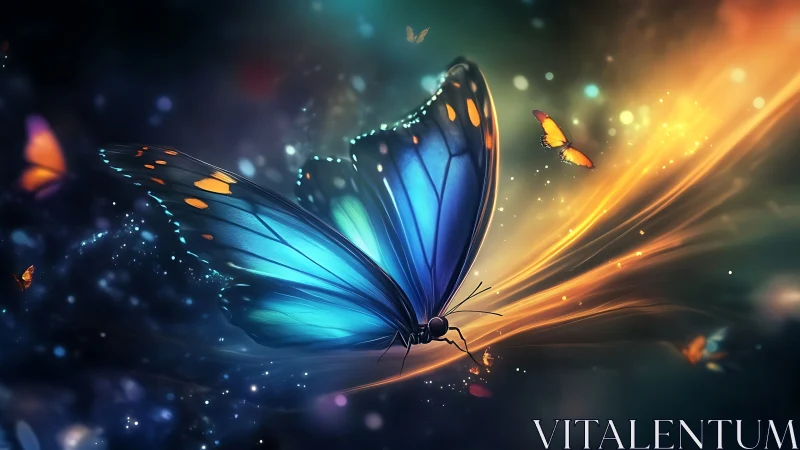 Bioluminescent blue butterfly crosses luminous golden energy stream