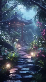 Stone path to lantern lit pavilion in lush night garden.