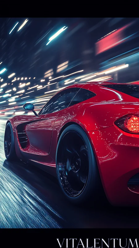 Red sports car moves through urban street at night