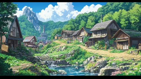Sunlit hillside village hums softly beside the clear stream
