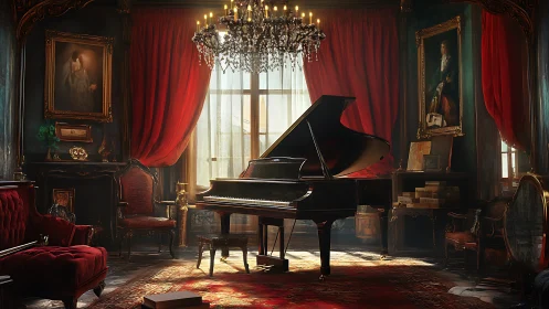 Digital painting of grand piano in opulent red salon interior.