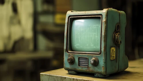Weathered teal retro monitor glowing with soft blueprint light.