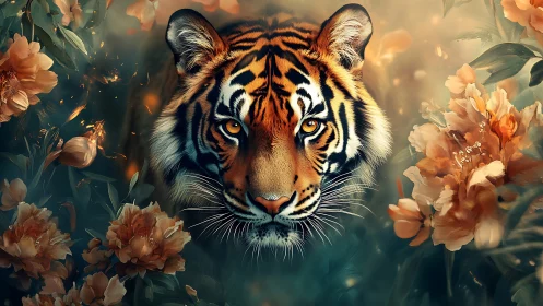 Tiger head centered among orange flowers and foliage.