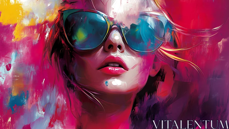 Vibrant portrait shows woman in sunglasses amid neon strokes