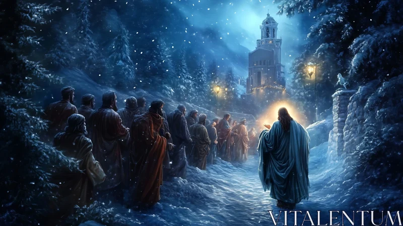 Snowy night procession toward illuminated winter church.