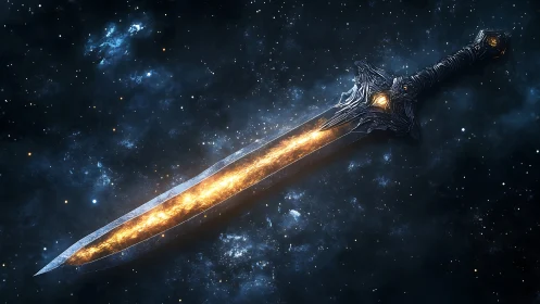 Starforged cosmic sword burns with molten celestial power