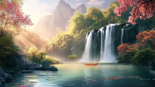 Sunlit waterfalls embrace a tranquil boat on a misty lake