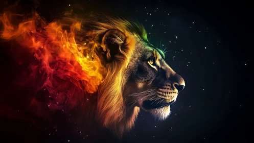 Profile illustration of lion head with fiery mane effect.