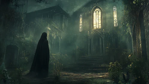 Cloaked wanderer before the moss‑crowned forsaken chapel.