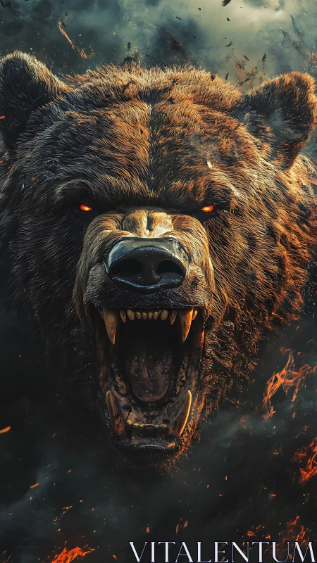 Hyperreal roaring bear head amid embers and storm smoke