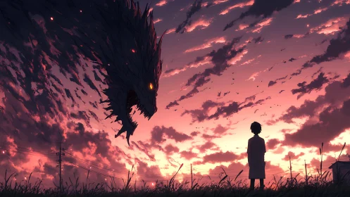 Twilight boy confronts colossal sky dragon silhouette.