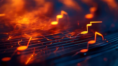 Glowing musical notes float above stylized strings in motion