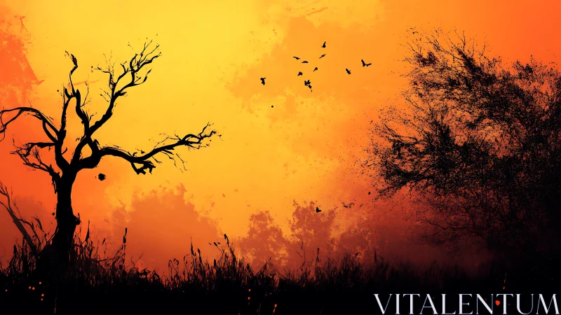 Silhouetted trees stand against intense orange sunset sky