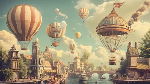 Steampunk airship flotilla ascends above a neo-Victorian canal city
