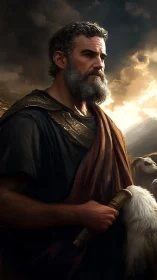 Stormlit shepherd stands guard beneath a burning horizon.