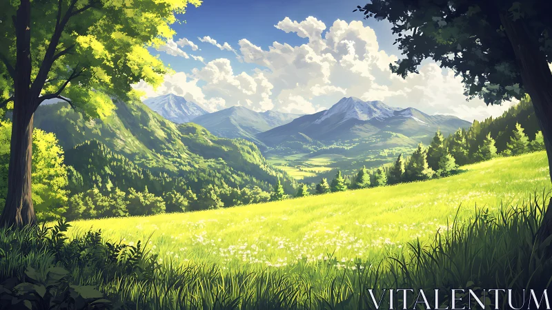 Digital painting of sunlit alpine meadow and distant peaks.