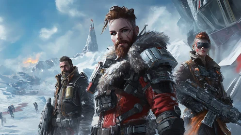 Post apocalyptic strike team in arctic battlefield concept art.